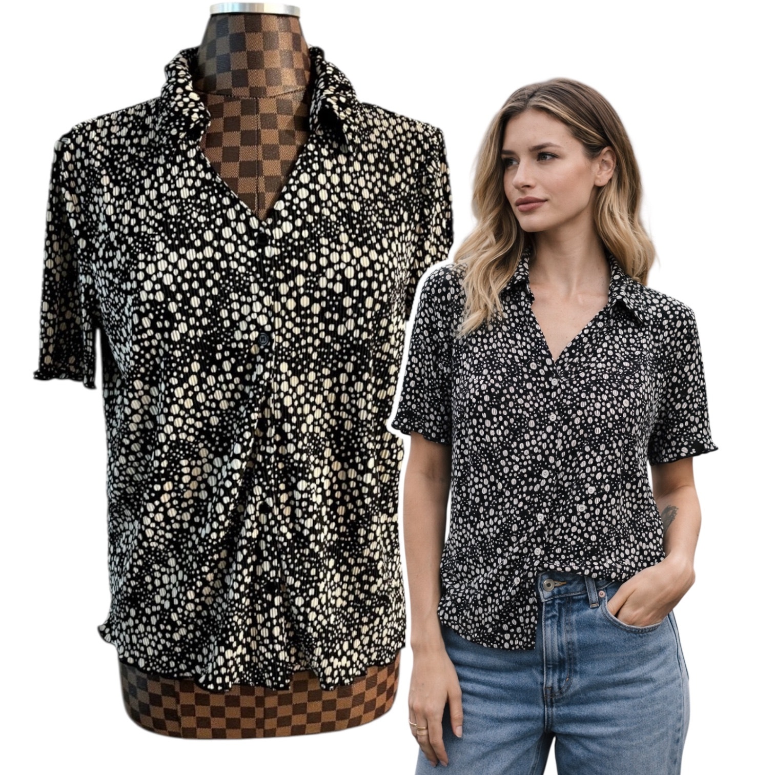 Joie Gauze Short Sleeve Blouse Size Medium Black White Polka Dot Preppy Boho Top